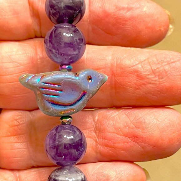 Amethyst Crystal 10mm with Cute Raku Bird Charm Stretch Bracelet - Picture 2 of 4